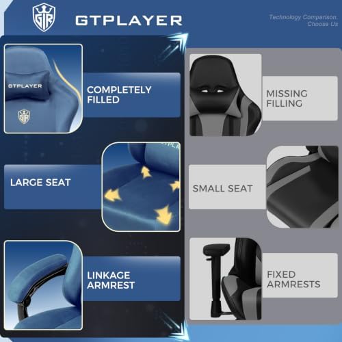 GTPLAYER Gaming Chair Fabric with Pocket Spring Cushion, Big and Tall Gamings Chairs 350LBS High Back Computer Chair with Footrest for Adults Lumbar Support Swivel Game Chair for Office Gaming Blue - Image 5