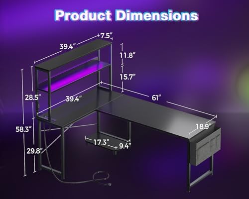 AODK L Shaped Desk Gaming Desk with LED Light & Power Outlet - Image 3
