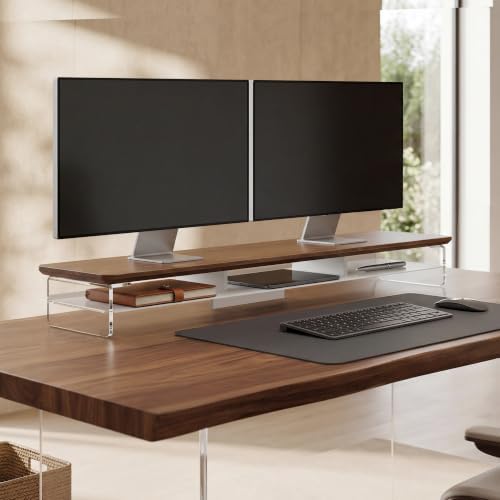 Fenge 42.5" Dual Monitor Stand with Clear Acrylic Legs, Brown - Image 2