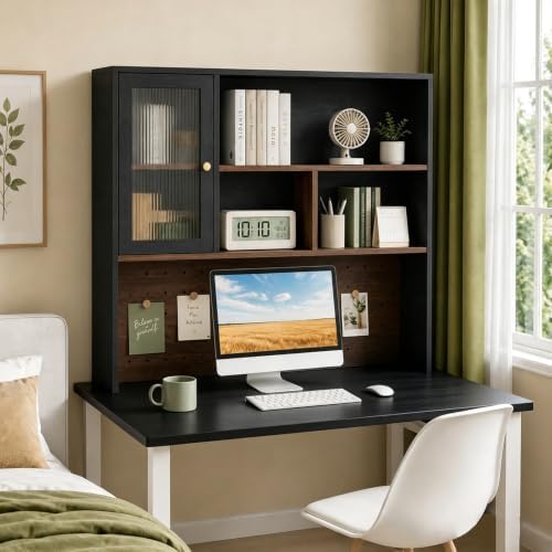 LINLIUA Desktop Bookshelf, Desk Hutch Dorm with Pegboard, Desk Shelves for Top of Desk, Wood Desktop Storage Rack with Cabinet Door, Countertop Bookcase for Office Dorm Home Study by LINLIUA