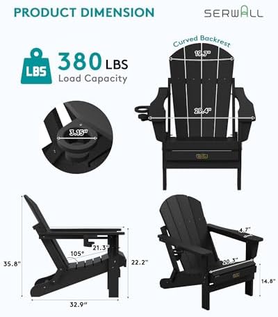 SERWALL Folding Adirondack Chairs Set of 6 with Cup Holder, Fire Pit -Black - Image 3