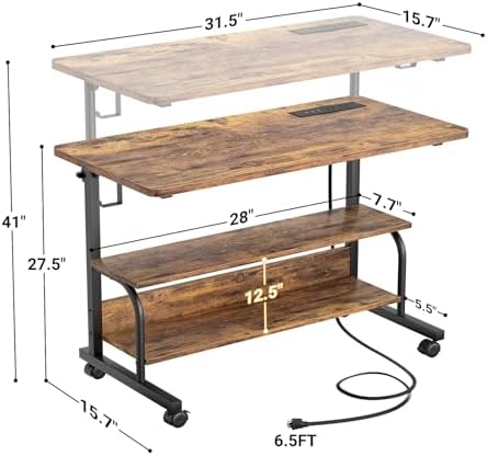 Besiost 32" Height Adjustable Standing Desk with Power Outlets - Manual Rolling Stand Up Desk with Wheels Small Portable Computer Desk Mobile Laptop Table with Storage Shelves for Home Office, Rustic - Image 3