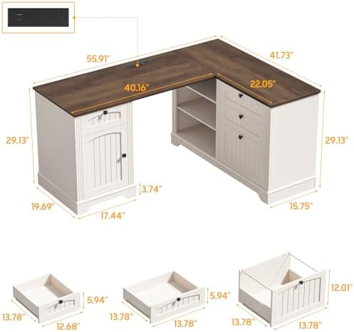 Farmhouse L Shaped Desk with Drawers, Corner Computer Desk for Home Office - Image 2