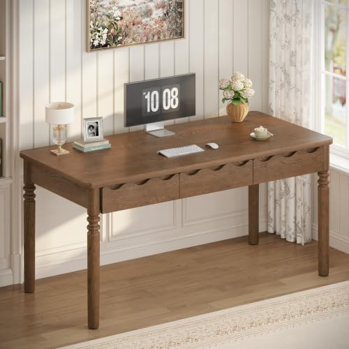 SEDETA Solid Pine Wood Computer Desk, 47'' Executive Home Office Desk with 3 Wood Drawers for Work Study Writing Bedroom, Makeup Vanity Desk, Brown by SEDETA