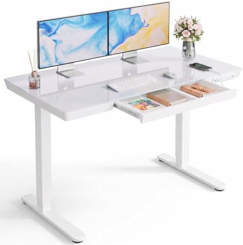 Marsail Glass Standing Desk with Drawer, 48 x 24 inch Electric Standing Desk, Height Adjustable Desk with One-Piece Tabletop & USB Charging Ports, Sit Stand Desk with Storage for Home & Office White by Marsail