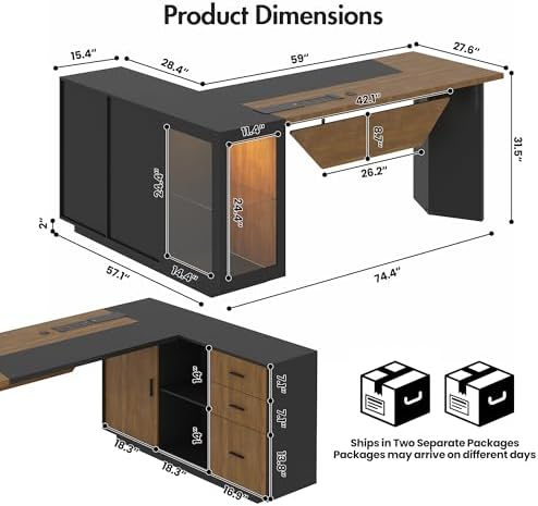 74.4" L-Shaped Executive Desk, Large Office Desk, Black + Dark Wood - Image 2