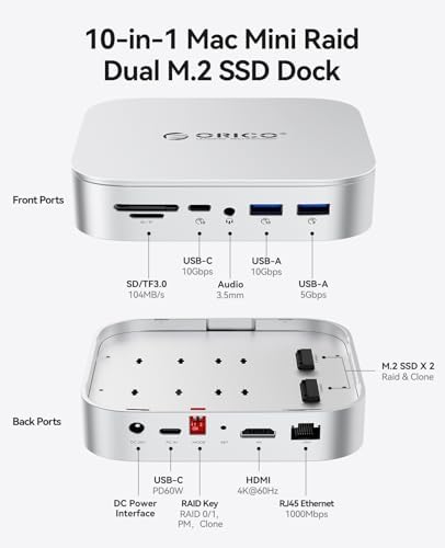 ORICO MiniRaid, Mac mini M4 Dock with Dual-Bay M.2 NVMe/SATA SSD Enclosure for Mac mini M4 Pro, Raid 0/1/PM, USB C HUB with HDMI 4K@60Hz, 10Gbps/5Gbps USB, RJ45, SD/TF, PD 60W for Creator - Image 2