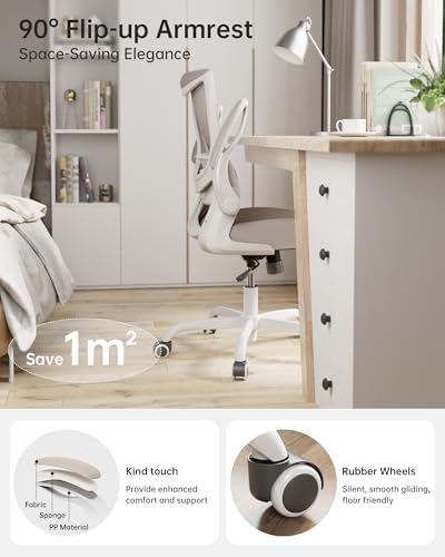 MUXX.STIL Office Chair, Ergonomic Desk Chair with Adjustable Lumbar Support and Flip up Armrest, Breathable Mesh Computer Chair for Home Office, Khaki - Image 3
