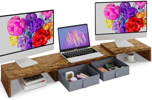 TEAMIX Dual Monitor Stand Riser - Length and Angle Adjustable White Monitor Stand with 2 Drawers to Storage Large Computer Riser for 2 Monitors/Laptop/PC, Wood Screen/TV Stand Desk Organizer (Brown) by TEAMIX