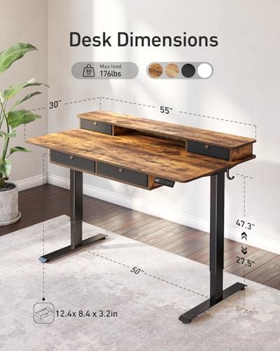 CubiCubi 55" x 30" Standing Electric Desk with Drawers, Rustic Brown - Image 3