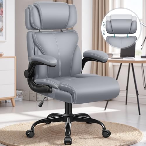 Office Chair, Ergonomic Big and Tall Computer Desk Chair with Retractable Adjustable Headrest, Executive Breathable Leather Chair, Lumbar Support Swivel Flip-up Armrests Rocking Function,Matte Gray by HeroSet