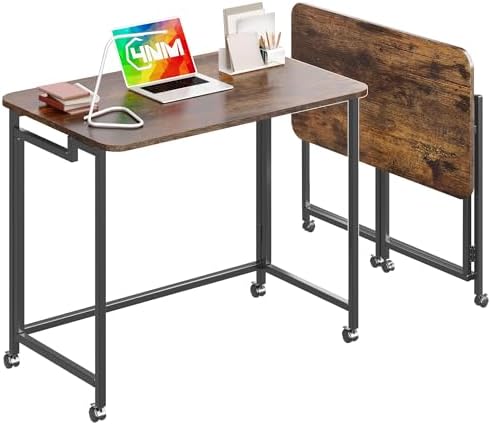 4NM 31.5" Mobile Small Rolling Computer Desk, Folding Laptop Cart Table with Wheels, Portable Office Desk for Small Space Couch Bed - Rustic Brown and Black by 4NM