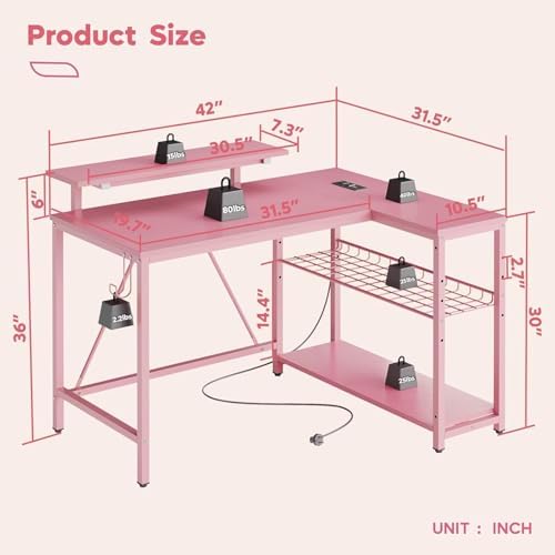 Bestier 42-Inch Pink L-Shaped Gaming Desk with Charging & LED - Image 3