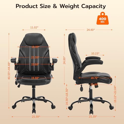 Ylzyxal Office Desk Chair, Ergonomic Computer Chair with Padded Flip-Up Arms and Adjustable Lumbar Support, PU Leather Executive Chair with Tilt Lock and 360° Swivel Rolling Wheels for Work, Study - Image 2