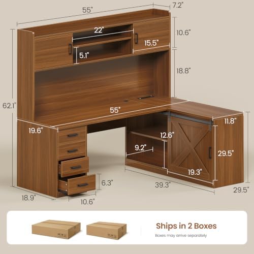 SEDETA 55” Farmhouse L Shaped Desk with 4 Drawers, Hutch, Corner Computer Desk with Storage Drawers, L Shaped Gaming Desk with LED Light and Power Outlet for Home Office, Brown - Image 2