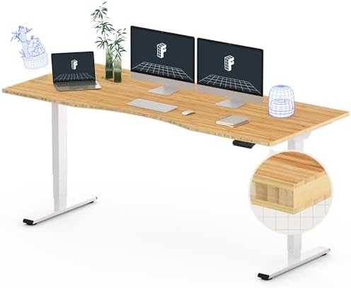 FlexiSpot E6 Bamboo 3-Stage Dual Motor 72 x 30 Electric Standing Desk Sit Stand Up Desk, Holds 220 lbs, Adjustable Height w/ Memory Presets, Solid Bamboo Curved Desktop & White Frame, Ships in 2 Boxes by Unknown
