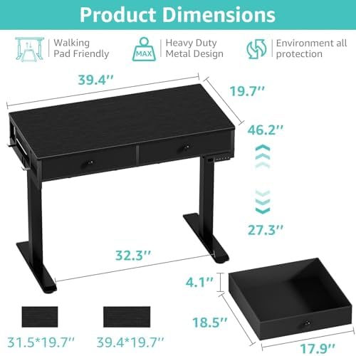 KLUVIS Black Adjustable Desk with Storage, 39 Inch Small Black Desk with Drawers, Small Space Stand Up Computer Desks for Home Office Bedroom, Sit Stand Work Desks for Walking Pad - Image 3