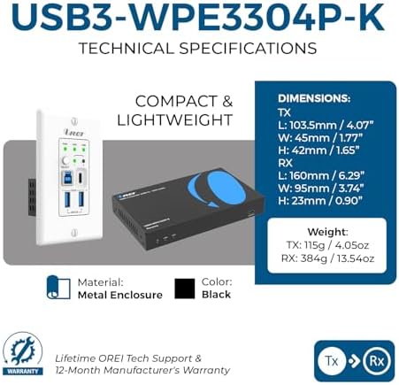 OREI USB Over Cat6 Extender 330ft, Two-Way PoC, RS-232, GPIO Support, Gen 1 - Image 5