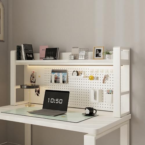 Desk Shelf Organizer for Top of Desk – Desktop Bookshelf with Pegboard & Storage Accessories, Adjustable Hutch for Dorm or Office, Steel Frame Display Shelf, N White frame + white board 21.7*9.8*26in by Unknown