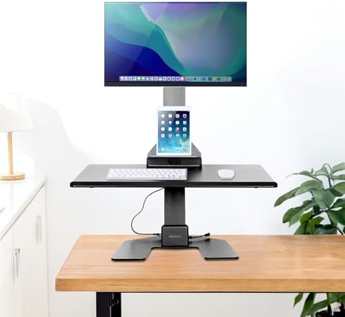 Mount-It! Electric Standing Desk Converter - Motorized Sit-Stand Desk Riser with Monitor Mount, Standup Powered Desktop Lift for Single Monitor up to 32", 28" Wide Keyboard Tray, Adjustable Height - Image 2