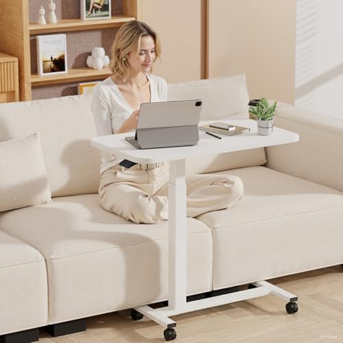GTPLAYER Small Standing Desk with Lockable Wheels, Pneumatic Mobile Rolling Laptop Desk,Adjustable Height Overbed Bedside Table Computer Workstation for Home Office (28" W x 16" D, Matte White) - Image 2