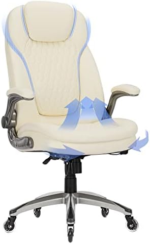 COLAMY Ergonomic High Back Office Chair, Ivory Bonded Leather Executive Desk Chair with Flip-up Arms, Thick Cushion, Silent Nylon Wheels, Adjustable Height & Rocking Function, 300lbs Capacity by COLAMYHOME