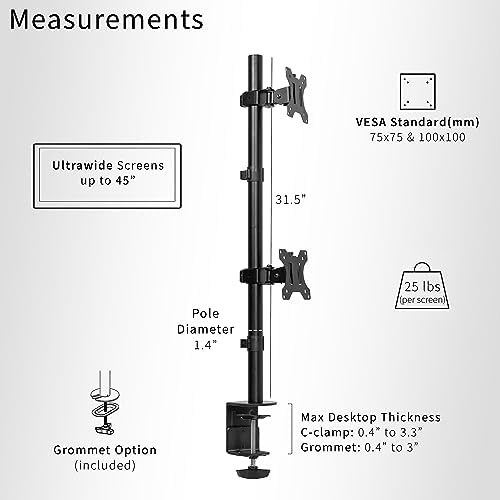 VIVO Dual Vertically Stacked Ultra-Wide Monitor Desk Mount, Extra Tall Heavy Duty Adjustable Stand for 2 Ultrawide Screens up to 45 inches, 25 lbs Per Screen Capacity, Black, STAND-V200R - Image 3