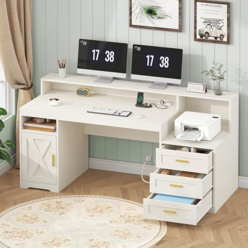 TVU 65" White Computer Desk with Drawers and Printer Stand for Home Office by TVU