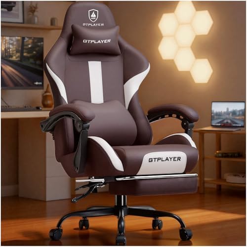 GTPLAYER Gaming Chair with Foot Rest & Pocket Spring Cushion, Ergonomic High Back Computer Desk Chair with Headrest & Lumbar Support for Back Pain Relief, Breathable Fabric, Brown by GTPLAYER