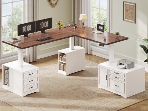 SEDETA Farmhouse L Shaped Electric Standing Desk with File Cabinet, 77 x 55'' Height Adjustable Home Office Computer Desk with 6 Drawers, Power Outlet, Sit Stand Desk, White - Image 3