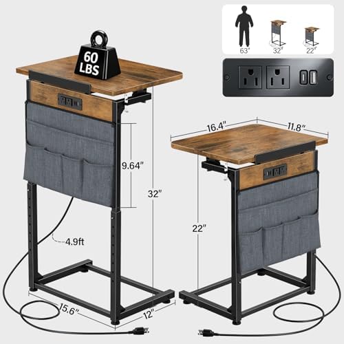 Small C Shaped End Table with Charging Station, Adjustable Height Sofa Side Table with Tilting Desktop, TV Tray Night stand with Storage Bag, Narrow Couch Table USB Ports Outlets Living Room Bedroom - Image 2