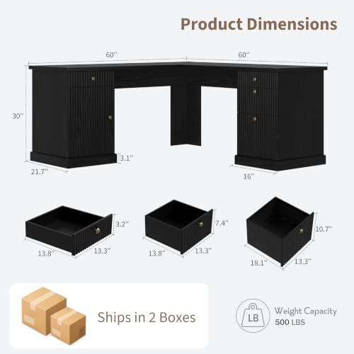 Garvee 60" Fluted L Shaped Desk with File Drawer, Corner Desk with Storage - Image 2
