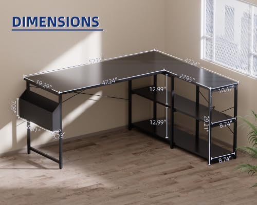 Pamray 57.5 Inch L Shaped Computer Desk with Reversible Side Storage Shelves, Small Corner Desk for Small Space Home Office,Writing Study Table PC Desk for Bedroom,Black - Image 3