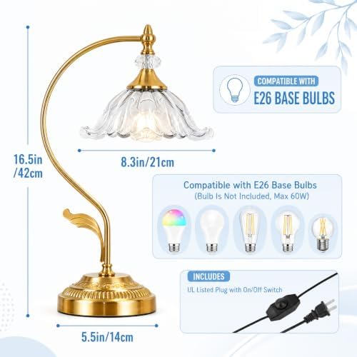 Vintage Floral Table Lamp, Plug in Mid-Century Modern Desk Lamp with Transparent Glass Shade, Gold Bedside Table Lamp Dimmable for Bedroom Living Room Home Office, E26 Base, UL Listed - Image 3