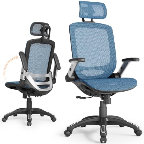 GABRYLLY Ergonomic Office Chair, High Back Home Desk Chair with 2D Flip-Up Arms, 3D Headrest, 90-120° Tilt and Wide Cushion, Big and Tall Mesh Chairs for Man Woman, Blue Computer Task Chair by GABRYLLY