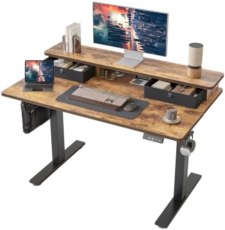 TIQLAB 40 * 24 inch Standing Desk with Two Drawers&Top Shelf, Rustic Brown by TIQLAB