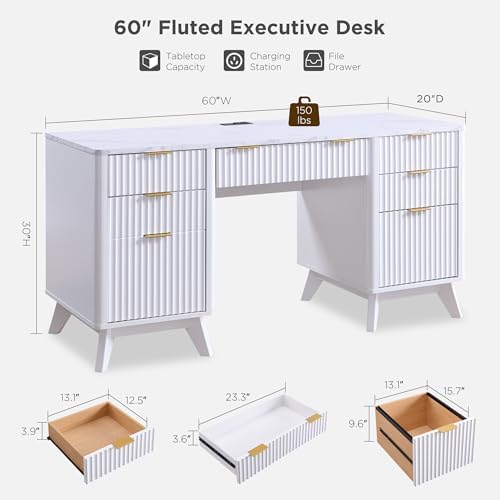T4TREAM 60" Modern Fluted Executive Desk with Drawers, White - Image 2