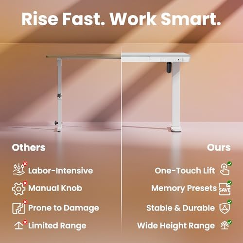 HUANUO Glass Standing Desk with Drawers, 35 X 20 Inch Electric Adjustable Height Desk, Quick Install One-Piece Tabletop with USB Charging Ports, White - Image 6