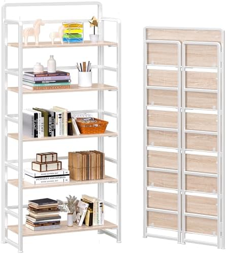 4NM No Assembly 5 Tier Folding Bookshelf Tall Storage Shelves Vintage Bookcase Standing Racks for Bedroom Living Room Home Office by 4NM