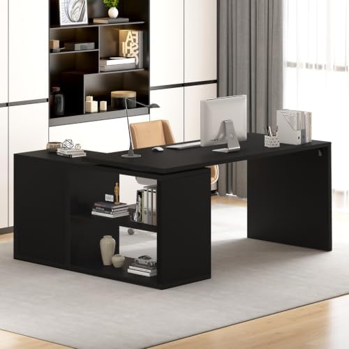 HSH Black L Shaped Computer Desk, Wood Corner Desk with Storage, 55 Inch by HOMESWEETHOME