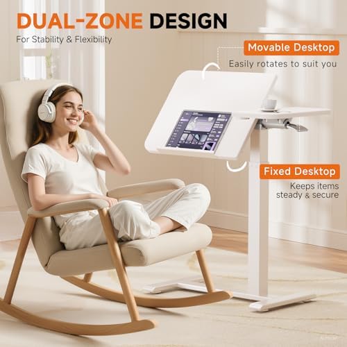 COMHOMA Tiltable Mobile Small Standing Desk, Pneumatic Adjustable Height Overbed Bedside Table with Wheels, Sit Stand Portable Rolling Laptop Desk Computer Workstations, White - Image 4