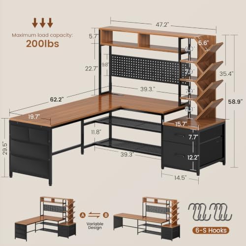 SEDETA L Shaped Office Desk with Drawers and Hutch, Convertible 97.6" Double Computer Desk, Corner Gaming Desk with Storage Shelves, LED Light and Power Outlet, Black and Brown - Image 2