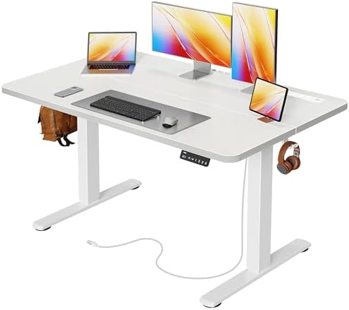 Huuger 47 X 24 Inch Electric Standing Desk with Power Outlets and USB-C Port, Height Adjustable Desk, Sit Stand Desk for Home Office, Computer & Gaming Desk with 3 Presets, Stable Steel Frame, White by Huuger