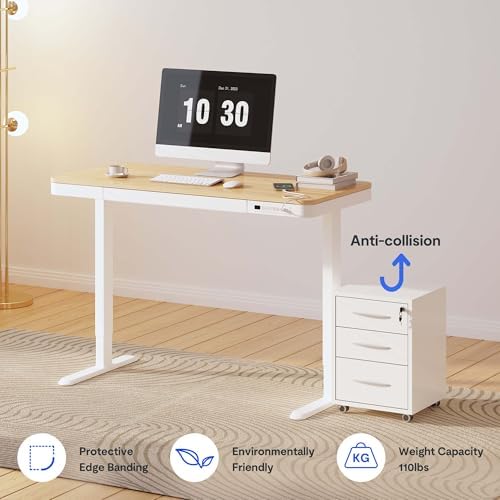 FLEXISPOT Comhar 48" Electric Standing Desk with Drawers, USB Charging Ports, Quick Assembly, Height Adjustable Sit Stand Desk with Child Lock for Natural Home Office, Bamboo Finish Top/White Legs - Image 4
