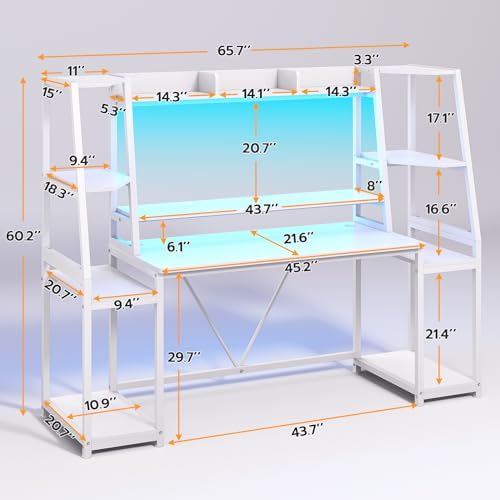 SEDETA 65.7'' Gaming Desk with LED Lights, Hutch and Storage Shelves, White - Image 2