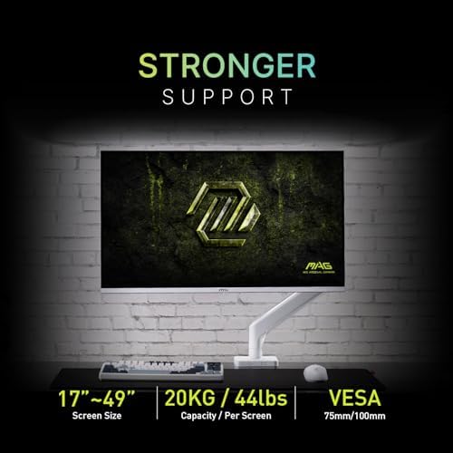MSI MAG MT201W - Premium Heavy Duty Single Monitor Stand Arm, Supports 17-49" and 44 lbs, VESA Compatible, Adjustable Spring Assisted Mount, Clamp & Grommet, Quick Release Plate - Black - Image 3
