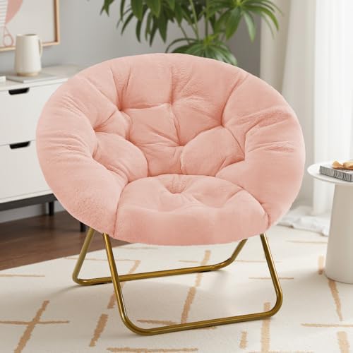 Sweetcrispy Saucer Chairs, Comfy Folding Cozy Faux Fur Living Room Reading Lounge Chair with Soft Thick Padded Seat & Metal Frame Modern Style Bedroom Home Dorm for Kids Adults, X-Large - Peach by Sweetcrispy