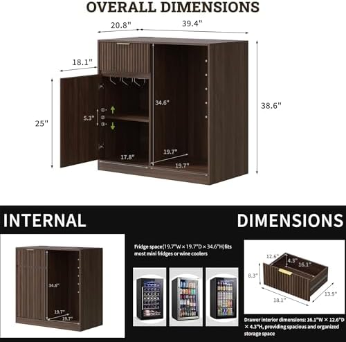 Mini Fridge Cabinet with Power Outlet, Coffee Bar Cabinet with Fridge Space & Wine Glass Rack, Fluted Buffet Sideboard with Drawer & Adjustable Shelf, Home Bar Cabinet for Living, Dining Room Kitchen - Image 2