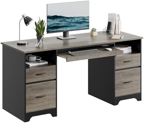Bestier 59 Inch Office Desk with 4 Drawers, Computer Desk with Storage, Executive Desk with File Drawer, Keyboard Tray & 2 Pedestals on Both Sides for Home Office, Studio, Grey&Black by Bestier