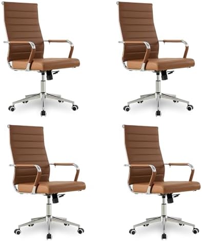 Okeysen Office Desk Chair, Ergonomic Leather Modern Conference Room Chairs, Executive Ribbed Height Adjustable Swivel Rolling Chair for Home Office Set of 4. (Brown) by Lepdep